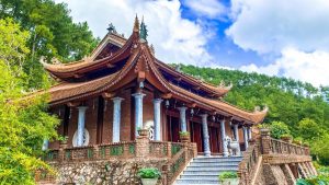 The tiled roof of the pagoda reflects the architectural style of the Ly and Tran dynasties.